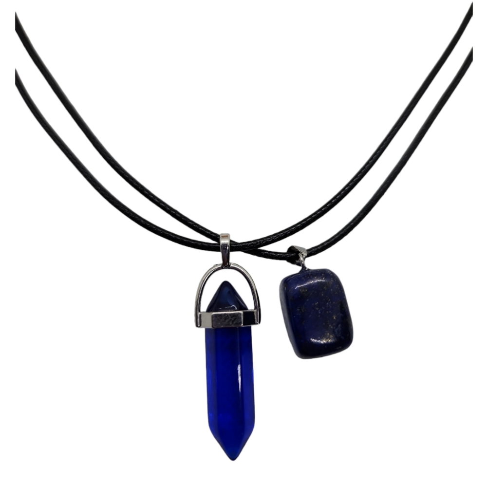 Set Of 2 Gemstones Black Leather Necklace 18"